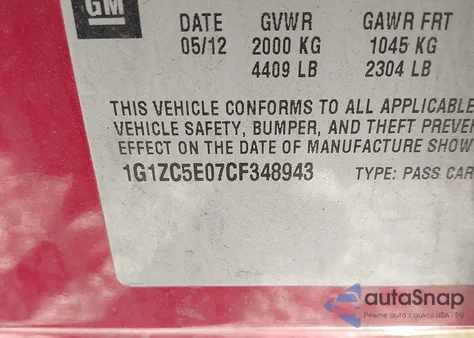 2012 Chevrolet Malibu 1Lt z USA, uszkodzony, nr VIN 1G1ZC5E07CF348943